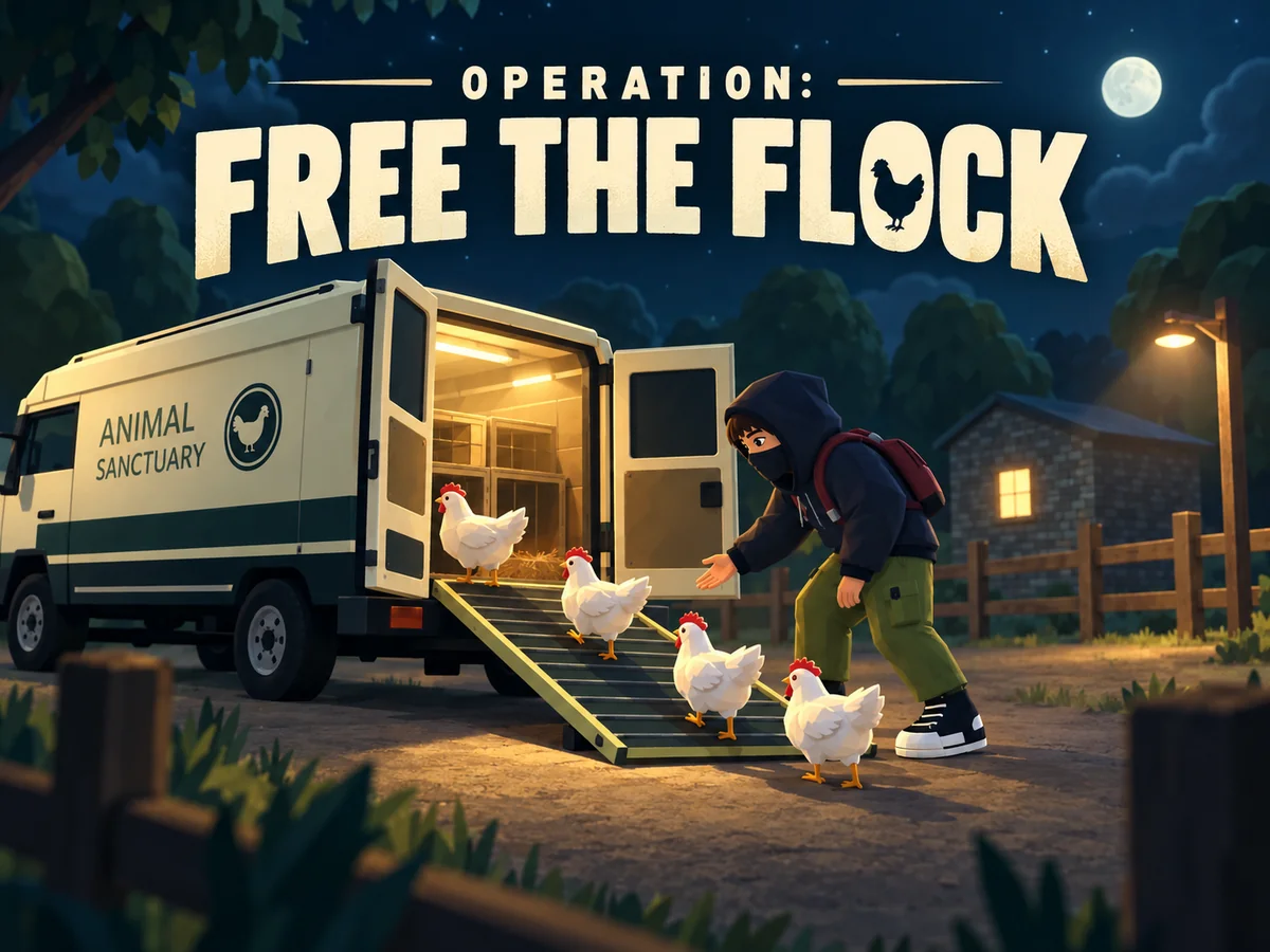 Operation: Free the Flock cover artwork: a hooded rescuer guiding chickens up the sanctuary van’s ramp
