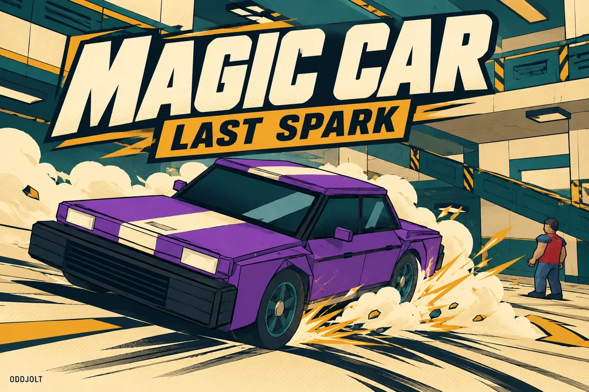 Magic Car: Last Spark comic artwork with a purple car drifting through a garage