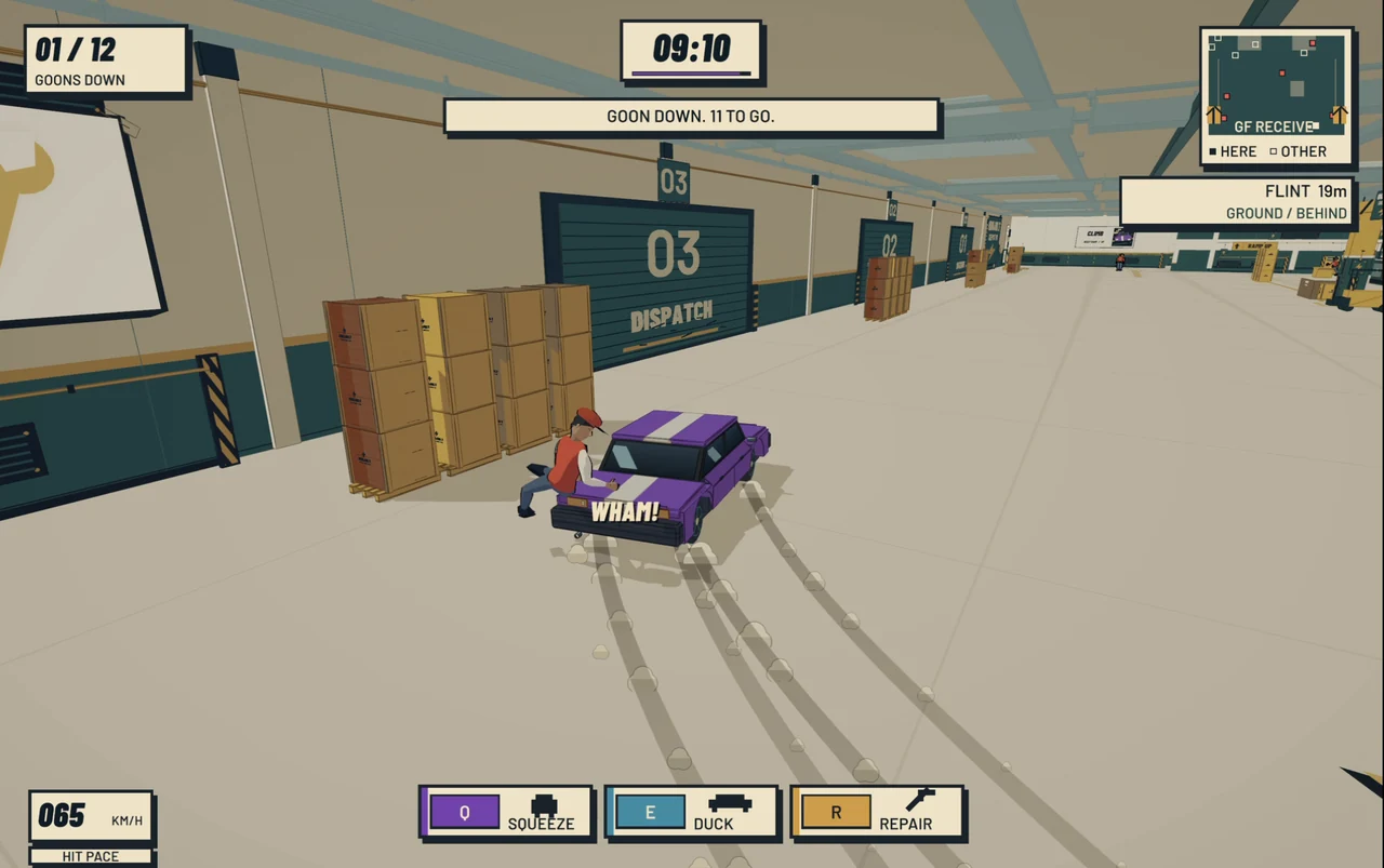 Magic Car hitting a goon during a drift, with skid marks and a comic WHAM effect