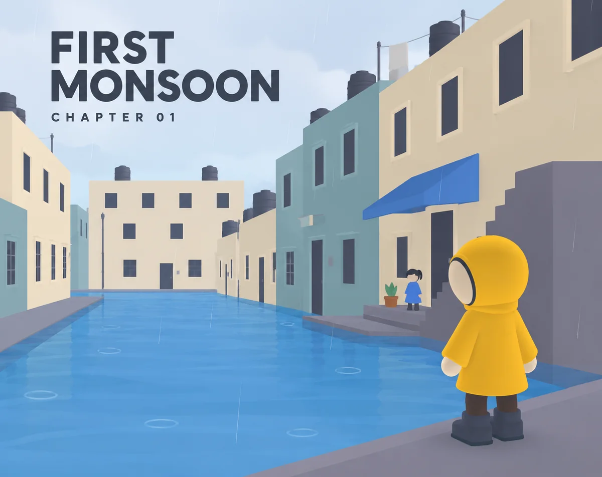 First Monsoon artwork: a child in a yellow raincoat looking down a flooded neighbourhood street