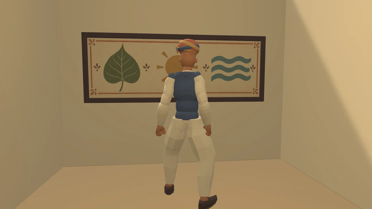 The explorer examining painted leaf, sun and water clues on a temple wall