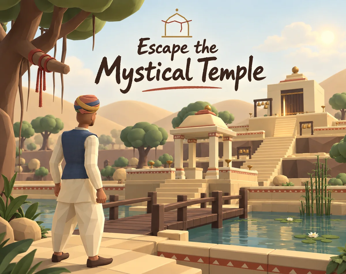 Escape the Mystical Temple artwork: an explorer approaching a sandstone temple across a wooden bridge