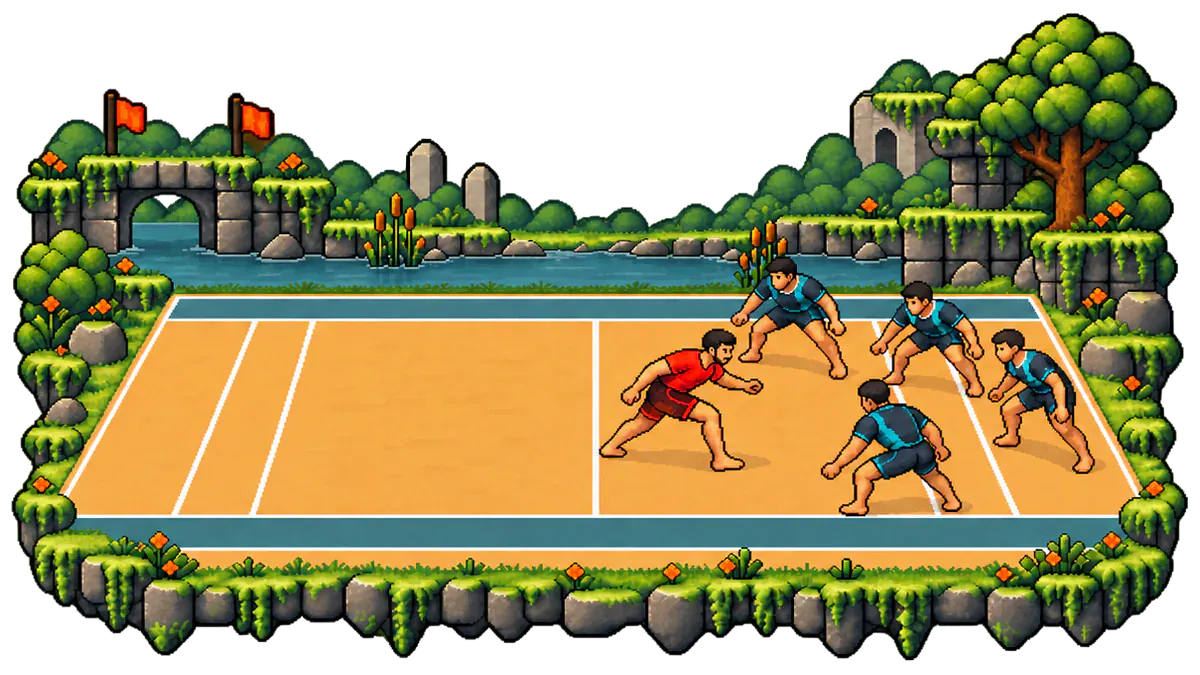 Illustrated Kabaddi concept: one red raider has crossed the midline into the half defended by four teal players